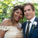 Close up of bride and groom in Central Park