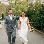 Just Married Couple walking through Central Park