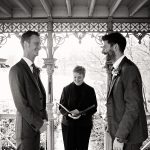 Two grooms getting married at the Ladies Pavilion in Central Park black and white image