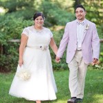 Newlyweds hold hands in Central Park