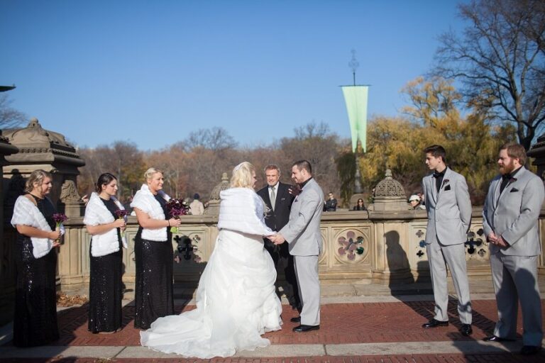 Winter wedding ceremony at Bethesda Fountain terrace