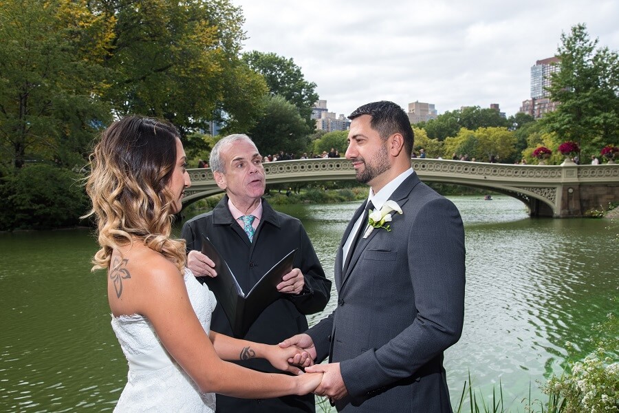 Intimate wedding on Bow Bridge landing in Central Park