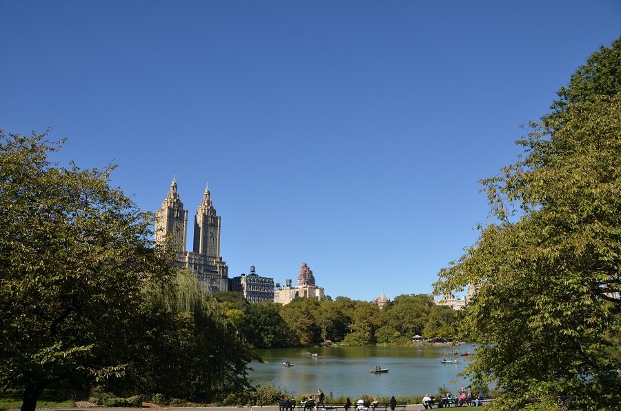 View of the Lake in Central Park with San Remo building in background