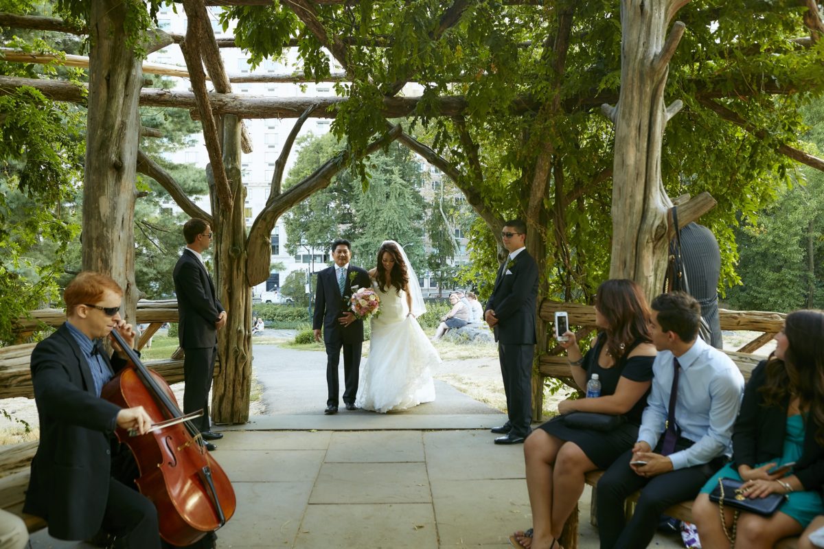 NYC Outdoor Wedding Venues & Locations: Bride escorted by dad down aisle at Cop Cot