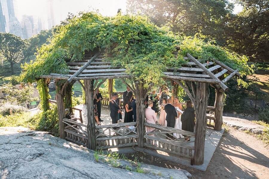 Wide shot of wedding ceremony at the Dene Summerhouse