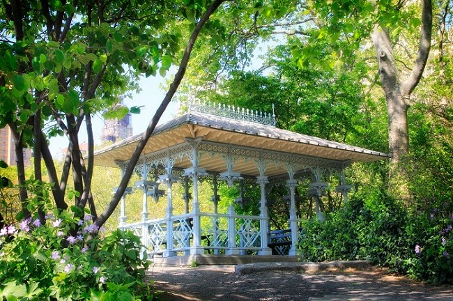 The blue Victorian gazebo called the Ladies Pavilion in Central Park