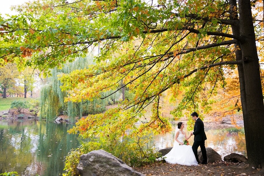 Bride sits on rock and groom holds hand under colorful fall tree in Central Park