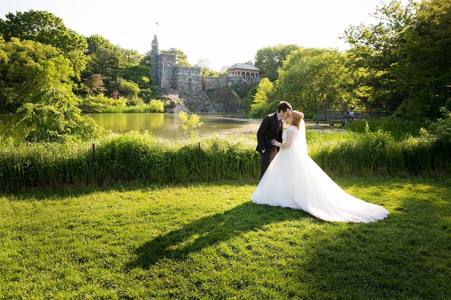 Wedding Couple by Turtle Pond with Belvedere Castle in Background