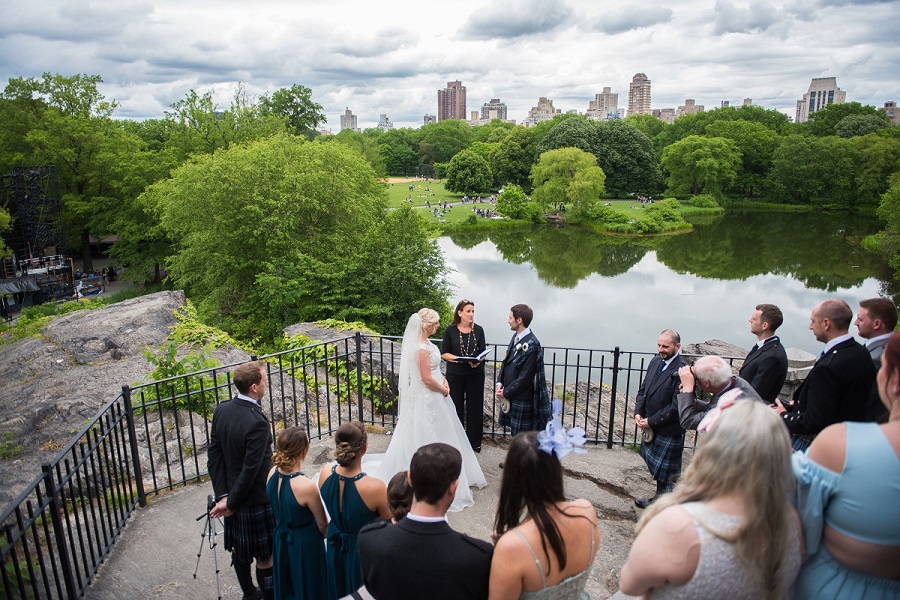 Wedding ceremony at Belvedere Castle overlooking Turtle Pond and NYC Skyline
