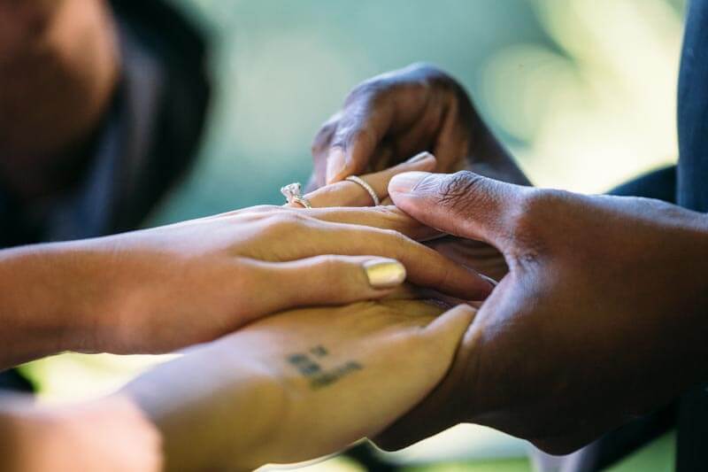 Closeup of couple exchanging wedding rings in Central Park