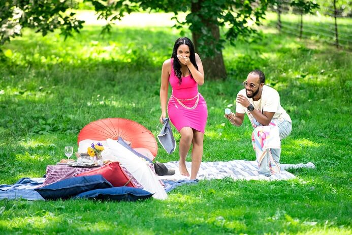 Surprise picnic proposal in Central Park on Cherry Hill