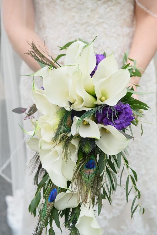 Cascading bridal bouquet of white calla lilies with peacock feather accents